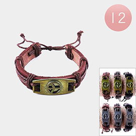 12PCS - Peace Sign Accented Faux Leather Adjustable Bracelets