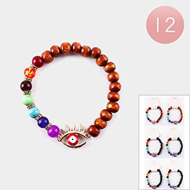 12PCS - Evil Eye Accented Wood Ball Colorful Beaded Stretch Bracelets