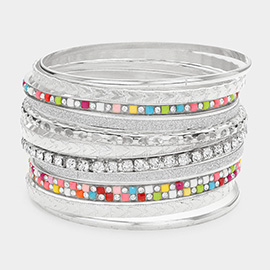 11PCS - Stackable Stone Embellished Metal Bangle Bracelets