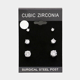 3Pairs - CZ Round Stud Earrings