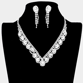 Oval Stone Accented V Shaped Rhinestone Necklace Clip on Earring Set
