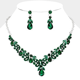 Teardrop Stone Accented Leaf Cluster Evening Necklace