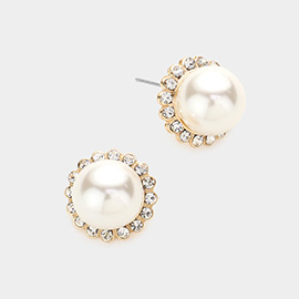 Rhinestone Trimmed Pearl Stud Earrings