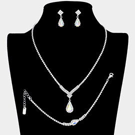 3PCS - Teardrop Stone Accented Rhinestone Necklace Jewelry Set