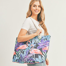 Flamingo Tropical Flower Leaf Patterned Beach Tote Bag