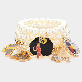 5PCS - Queen Message Afro Girl Charm Pearl Stretch Bracelets