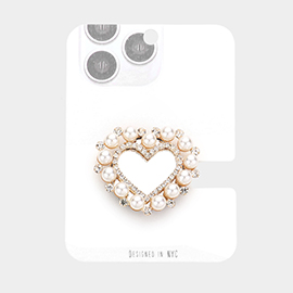 Pearl Embellished Heart Mirror Adhesive Phone Grip and Stand