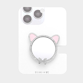 Rhinestone Embellished Cat Bow Mirror Adhesive Phone Grip and Stand