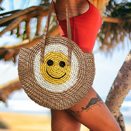 Smile Pointed Color Block Straw Round Shoulder Bag