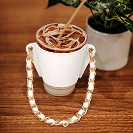 Faux Leather Coffee Cup Sleeve With Metal Chain Suede Strap