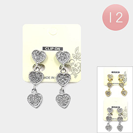 12Pairs - Rhinestone Triple Heart Link Dangle Clip on Earrings