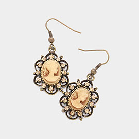 Cameo Accented Floral Metal Dangle Earrings