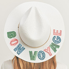 Bon Voyage Sequin Message Straw Panama Sun Hat