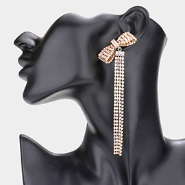 Bow Accented Rhinestone Linear Dangle Evening Earrings