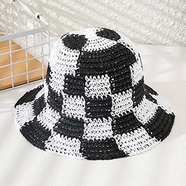 Checkerboard Patterned Straw Bucket Hat
