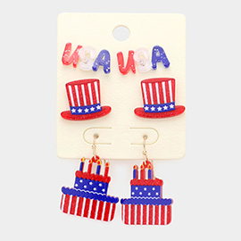 3Pairs - American USA Flag Message Hat Cake Earrings