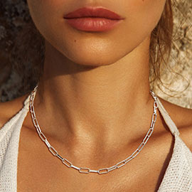 White Gold Dipped Brass Metal Chain Link Necklace