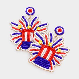 Felt Back American USA Flag Star Seed Beaded Fireworks Dangle Earrings