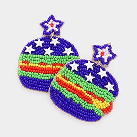 Felt Back American USA Flag Seed Beaded Star Hamburger Link Dangle Earrings