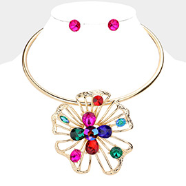 Multi Stone Embellished Flower Choker Evening Necklace