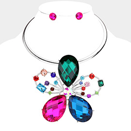 Teardrop Stone Accented Flower Choker Evening Necklace