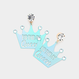 Birthday Queen Message Stone Embellished Colored Metal Crown Dangle Earrings
