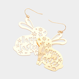 Happy Easter Message Cut Out Detailed Brass Metal Easter Bunny Dangle Earrings