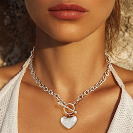White Gold Dipped Brass Metal Heart Pendant Toggle Necklace