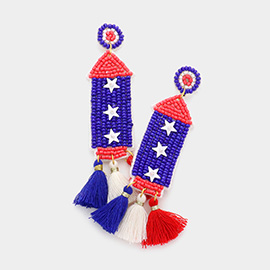 Fabric Back American USA Flag Seed Beaded Rocket Triple Tassel Link Dangle Earrings
