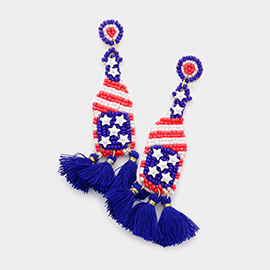 Fabric Back American USA Flag Seed Beaded Champagne Triple Tassel Link Dangle Earrings