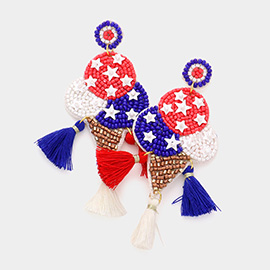 Fabric Back American USA Flag Seed Beaded Ice Cream Triple Tassel Link Dangle Earrings