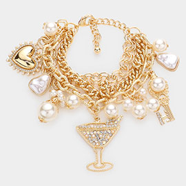 Heart Pearl Cocktail Key Charm Triple Layered Bracelet