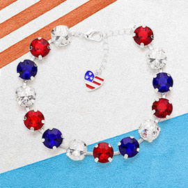 American USA Flag Heart Pointed Round Stone Bracelet 
