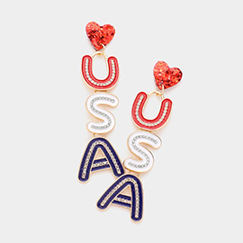 American USA Flag Heart USA Message Link Dangle Earrings