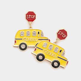 Stop Message Enamel School Bus Dangle Earrings