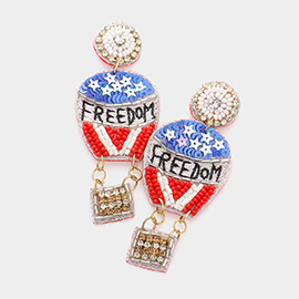 Freedom Message Felt Back American USA Flag Multi Beaded Hot Air Balloon Dangle Earrings