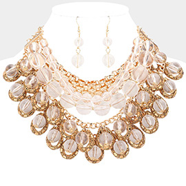 Metal Open Teardrop Lucite Ball Accented Multi Layered Statement Necklace