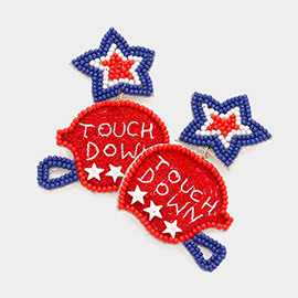 Felt Back American USA Flag Seed Beaded Star Touch Down Message Helmet Dangle Earrings