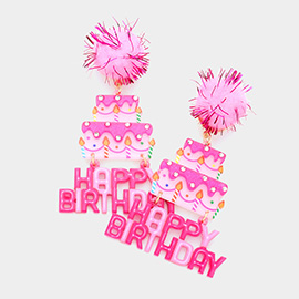 Pom Pom Glittered Resin Cake Happy Birthday Message Link Dangle Earrings
