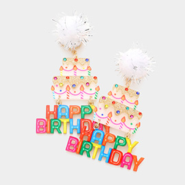 Pom Pom Glittered Resin Cake Happy Birthday Message Link Dangle Earrings