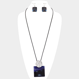 Crushed Metal Round Celluloid Acetate Square Pendant Long Necklace