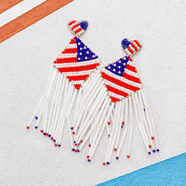 Felt Back Heart American USA Flag Bead Fringe Dangle Earrings
