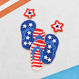 Felt Back Seed Beaded Star American USA Flag Flip Flop Link Dangle Earrings