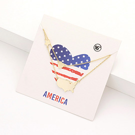 Metal American USA Flag United State Map Star Heart Pendant Double Layered Necklace