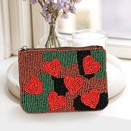 Heart Accented Camouflage Patterned Seed Beaded Mini Pouch Bag