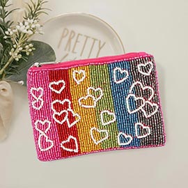 Heart Patterned Rainbow Color Block Seed Beaded Mini Pouch Bag