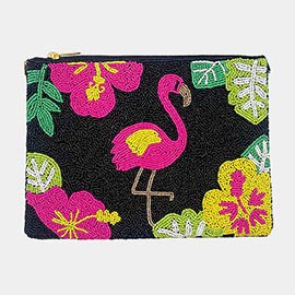 Flamingo Tropical Leaf Seed Beaded Clutch / Crossbody Bag