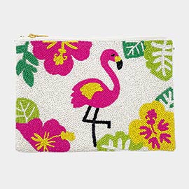 Flamingo Tropical Leaf Seed Beaded Clutch / Crossbody Bag