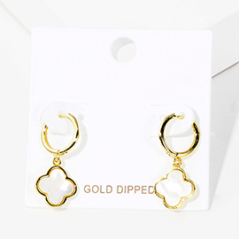 Gold Dipped Mother of Pearl Quatrefoil  Link Dangle Huggie Hoop Earrings