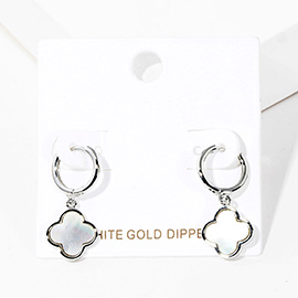 White Gold Dipped Mother of Pearl Quatrefoil  Link Dangle Huggie Hoop Earrings